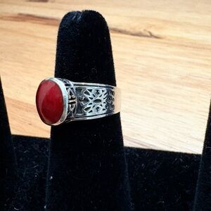 Red Coral Stone Filigree Sterling .925 Silver Women's Ring Sz 6